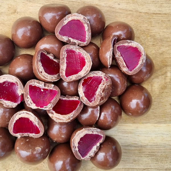 Red Raspberry Lollies Ripe Raspberries in Milk Chocolate - Temper Temper Fine Chocolate