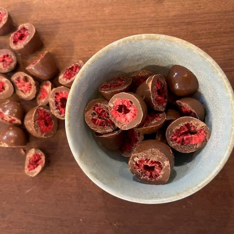 Dehydrated Raspberry Chocolate Freeze-dried Raspberries in Milk Chocolate - Temper Temper Fine Chocolate