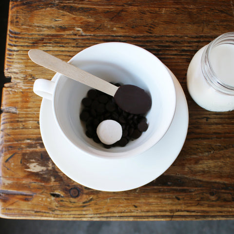 Hot chocolate kit including chocolate buttons, chocolate coated spoon and fluffy marshmallow