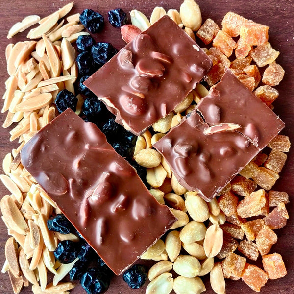 Milk Chocolate with dried fruit and toasted nuts.