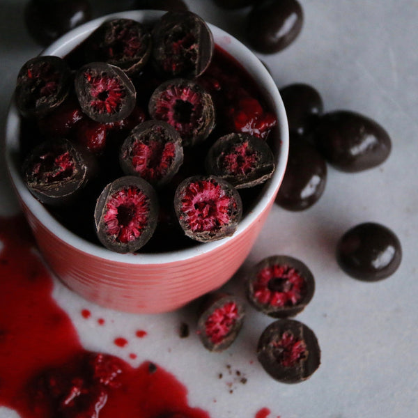 Dark Chocolate coated freeze-dried raspberries