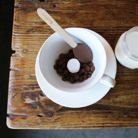 Hot Chocolate Kit inc buttons, chocolate dipped spoon and fluffy marshmallow